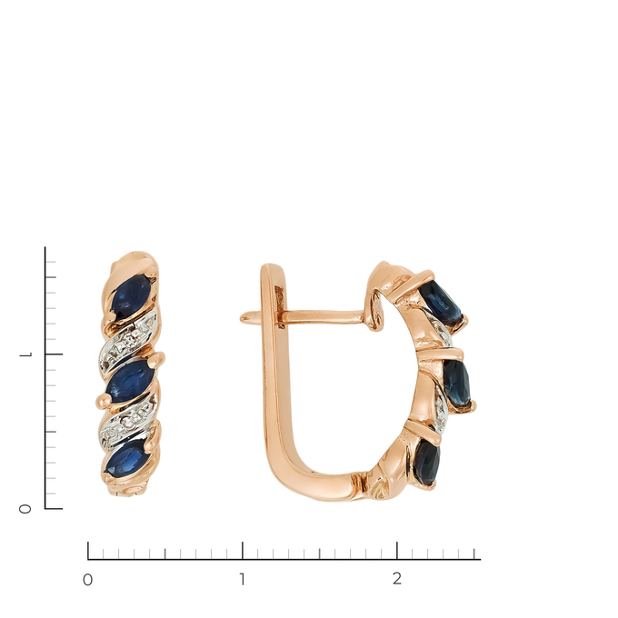 Серьги из комбинированного золота 585 пробы c 4 бриллиантами и 6 сапфирами, Л 3506 2994 за 29330