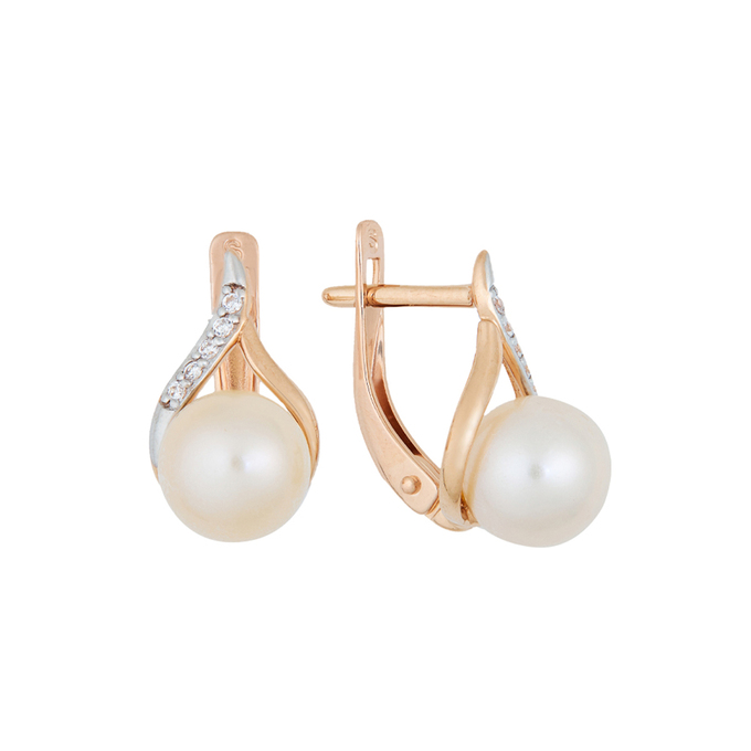Серьги из золота 585 пробы c культ. жемчугом и фианитами, Л 4507 8569 за 26080