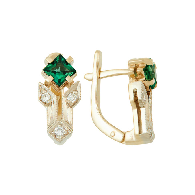 Серьги из золота 585 пробы c бриллиантами и синтетическими изумрудами