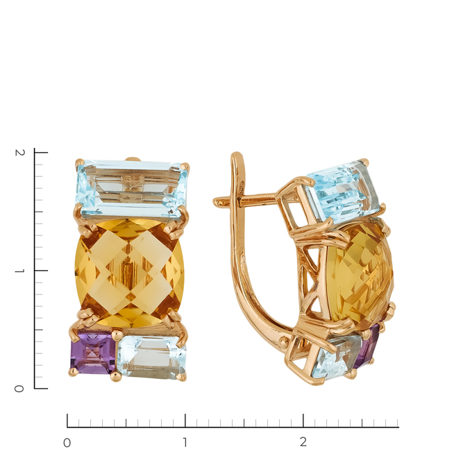 Серьги из красного золота 585 пробы c 2 цитринами и 4 топазами и 2 аметистами, Л 6602 1496 за 43320