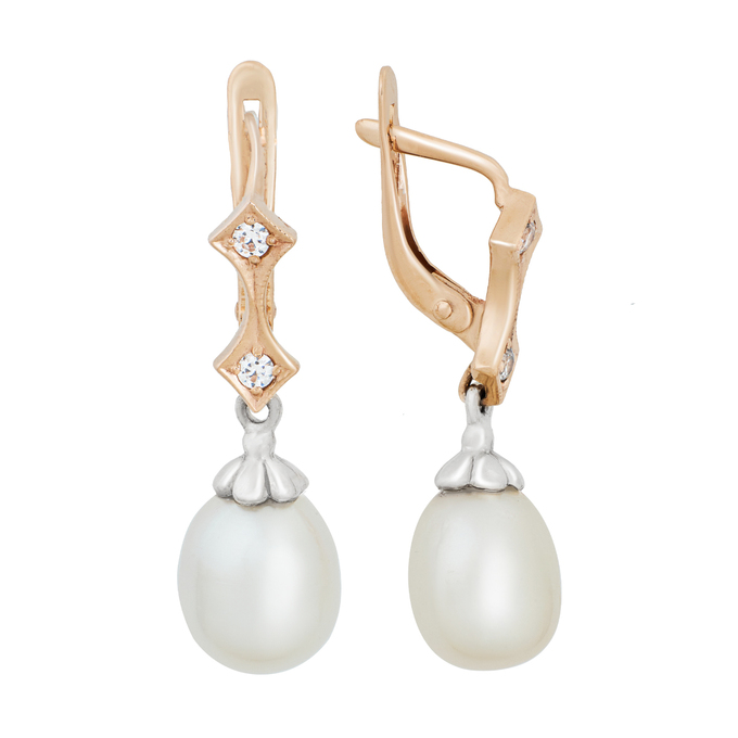 Серьги из золота 585 пробы c фианитами и культ. жемчугом, Л 2212 5087 за 45520