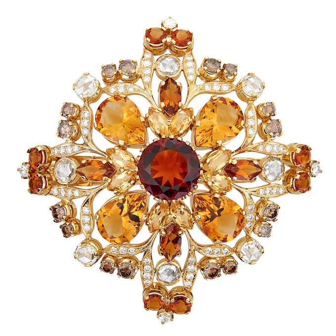 Брошь из золота 750 пробы c цитринами и бриллиантами