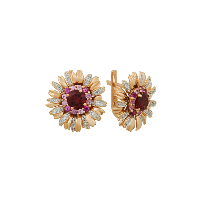 Серьги из золота 585 пробы c гранатами, цветными сапфирами и бриллиантами