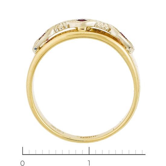Кольцо из комбинированного золота 585 пробы c 3 синт. рубинами, Л28087478 за 11060