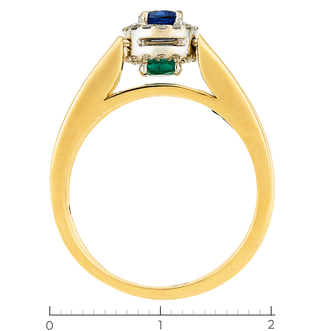 Кольцо из комбинированного золота 750 пробы c 32 бриллиантами и 1 сапфиром и 1 изумрудом