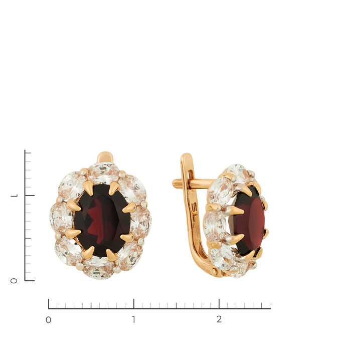 Серьги из красного золота 585 пробы c 2 гранатами и 16 фианитами