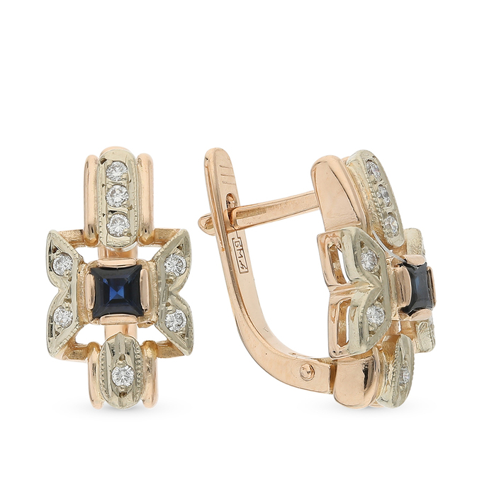 Серьги из красного золота 585 пробы c 16 бриллиантами и 2 сапфирами