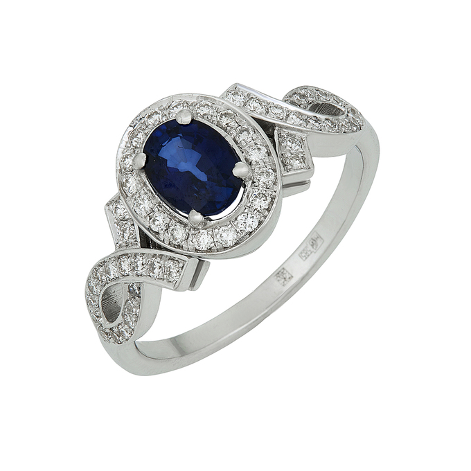 Кольцо из золота 585 пробы c диффузионным сапфиром и бриллиантами