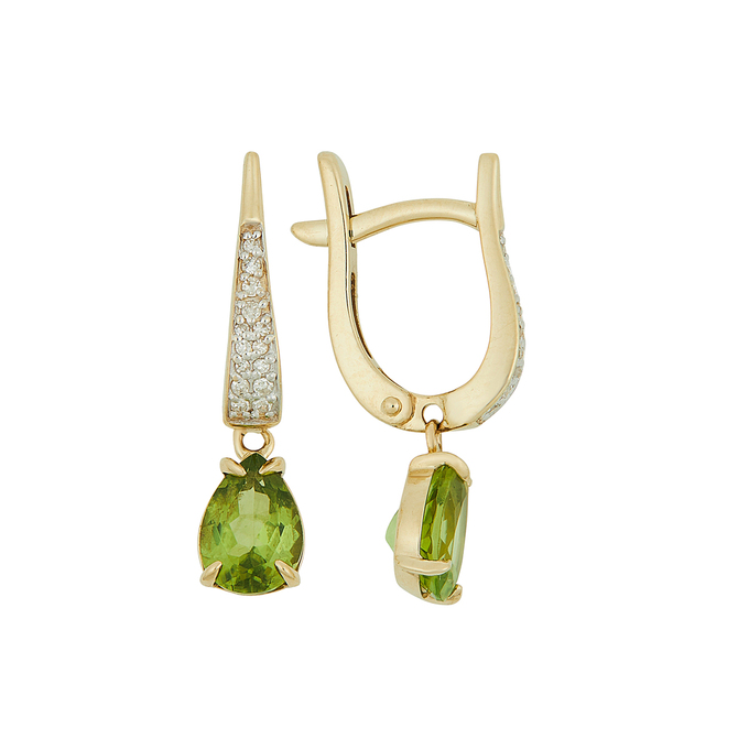 Серьги из золота 585 пробы c хризолитами и бриллиантами