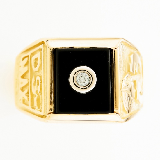 Кольцо печатка из желтого золота 585 пробы c 1 бриллиантом и 1 ониксом