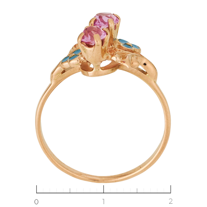 Кольцо из красного золота 583 пробы c 2 корундами и эмалями