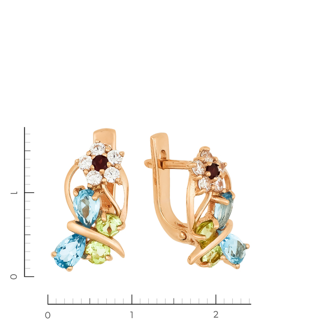 Серьги из красного золота 585 пробы c 4 топазами и 2 гранатами и 4 хризолитами и 10 фианитами, Л 3705 9669 за 24990