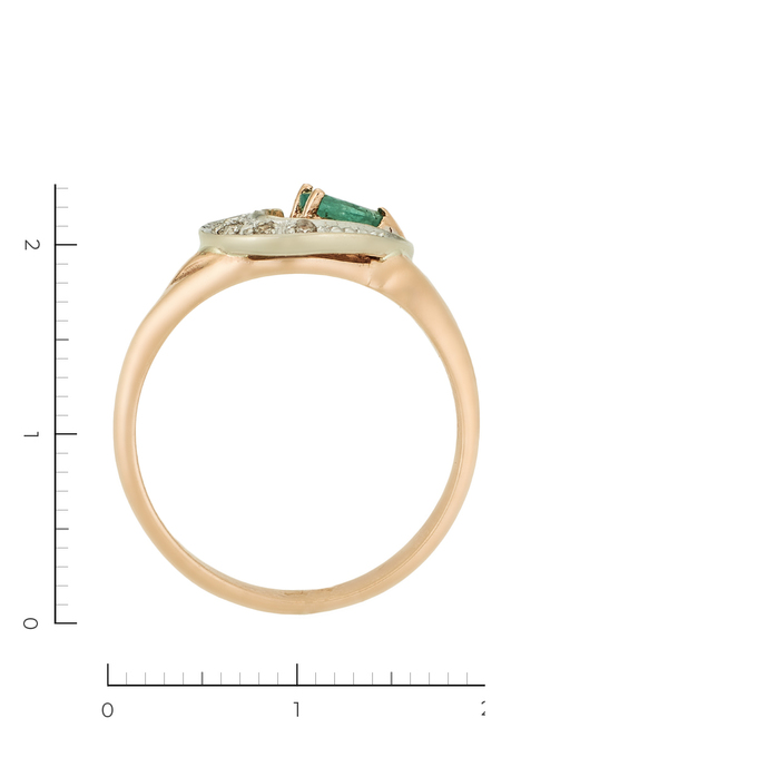 Кольцо из комбинированного золота 585 пробы c 4 бриллиантами и 1 изумрудом