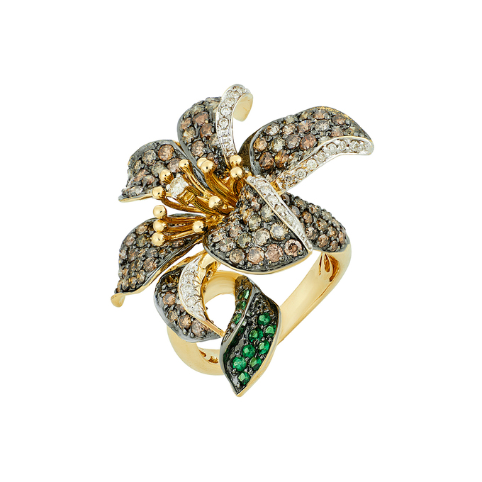 Кольцо из золота 750 пробы c бриллиантами и гранатами