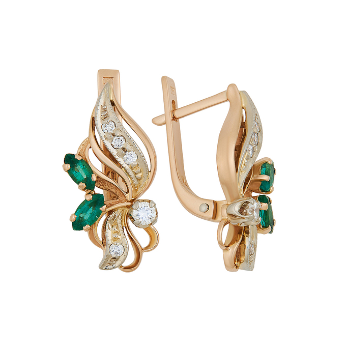 Серьги из золота 585 пробы c изумрудами и бриллиантами