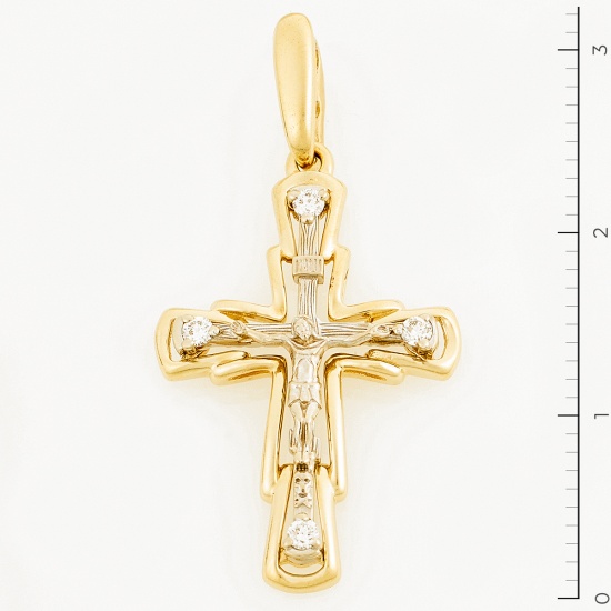 Крестик из комбинированного золота 585 пробы c 4 бриллиантами