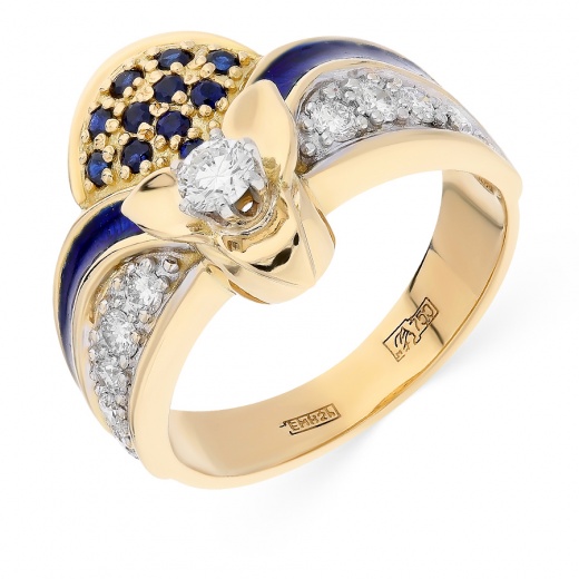 Кольцо из комбинированного золота 750 пробы c 11 бриллиантами и 11 сапфирами и 1 эмалью 014791 фото 1
