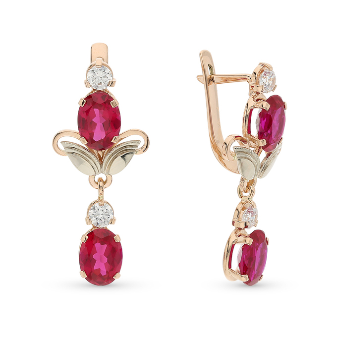 Серьги из комбинированного золота 585 пробы c фианитами и корундами