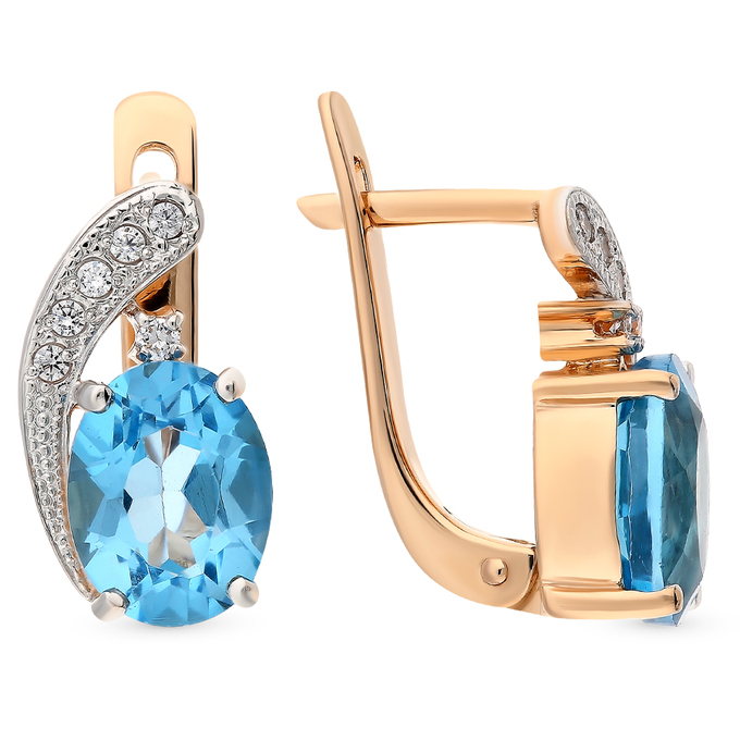 Серьги золото, 585, 2 к.,5,15 гр. (чистый вес 4,35 гр.); 2 Топаз, 12 Фианит