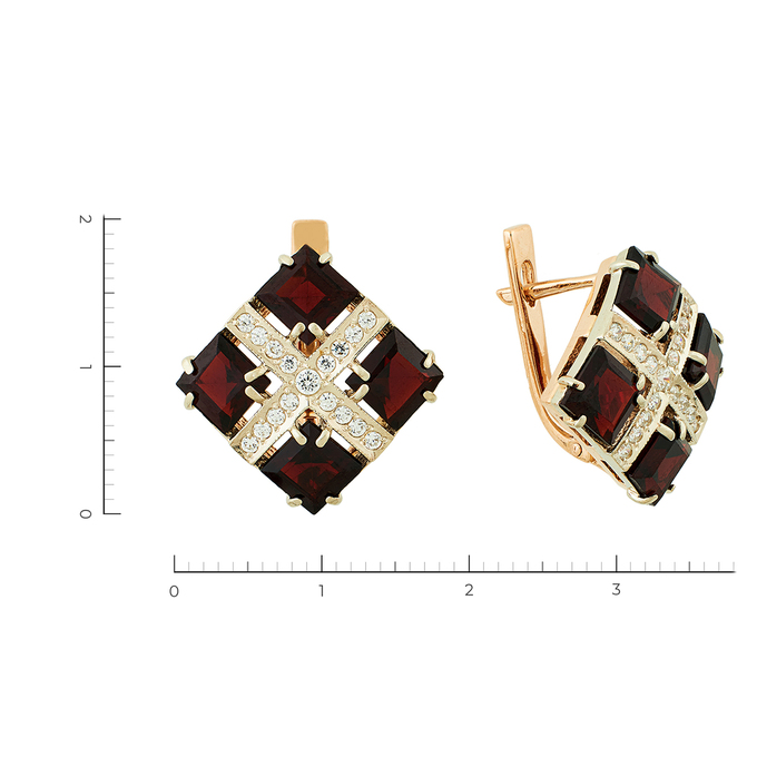 Серьги из комбинированного золота 585 пробы c 8 гранатами и фианитами