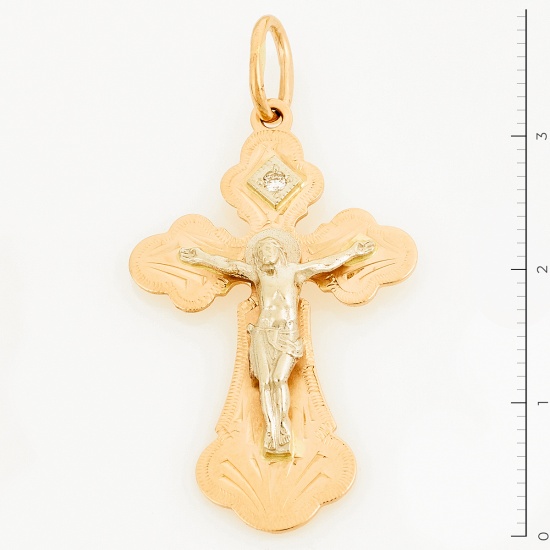 Крестик из комбинированного золота 585 пробы c 1 бриллиантом