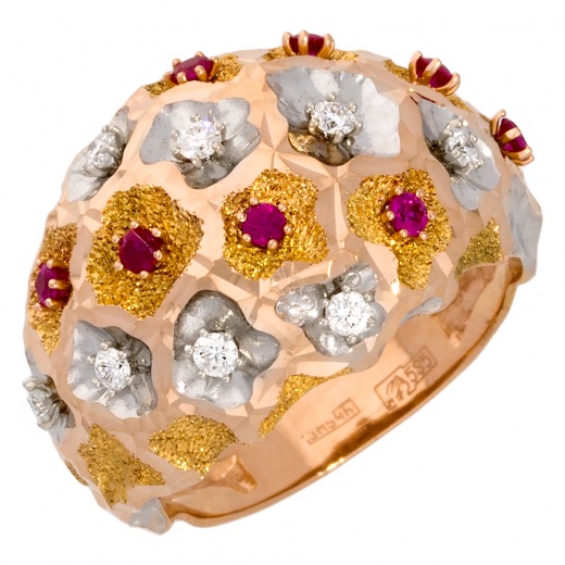 Кольцо из комбинированного золота 585 пробы c 8 бриллиантами и 8 рубинами 011255 фото 1