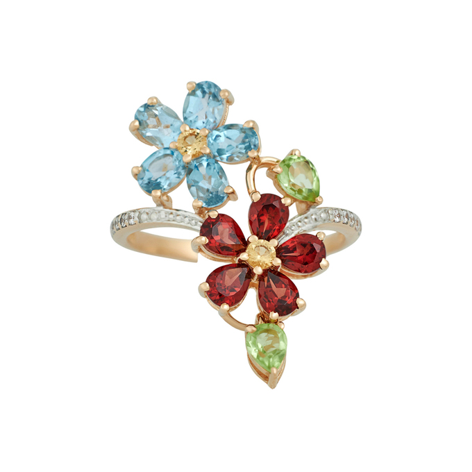 Кольцо из золота 585 пробы c топазами, гранатами, хризолитами, цитринами и фианитами, Л 2811 6884 за 41920