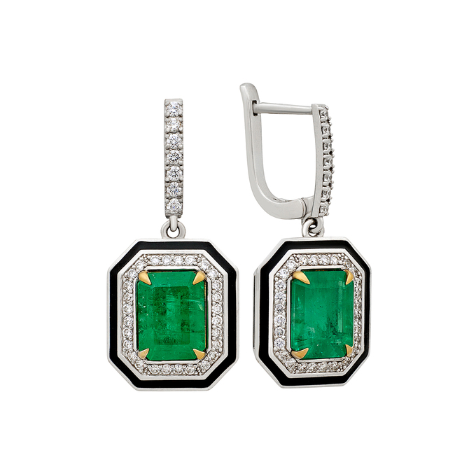 Серьги из золота 750 пробы c изумрудами, бриллиантами и эмалью, Ц О007 0574 за 590000