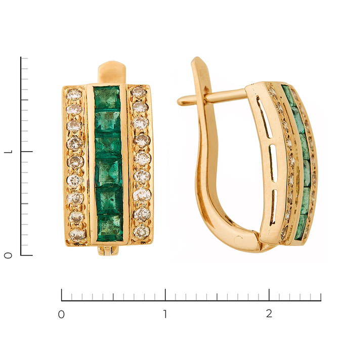 Серьги золото, 585, 4 к.,6,34 гр. (чистый вес 6,34 гр.); 36 Бриллиант Кр57 7/6 вес 0,612 ct, 12 Изумруд Октагон 3/3 вес 0,84 ct
