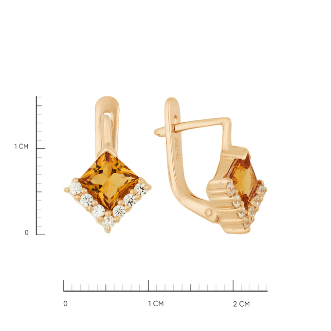 Серьги из золота 585 пробы c цитринами и фианитами