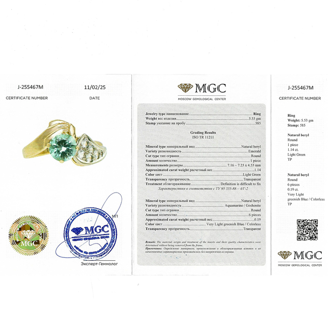 Кольцо из золота 585 пробы c изумрудом и аквамаринами, Л 2811 4794 за 124500