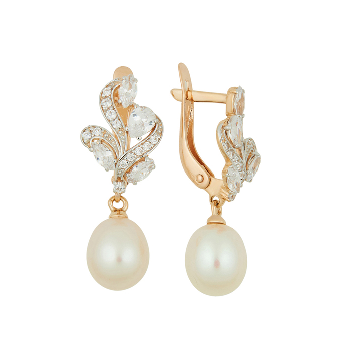 Серьги из золота 585 пробы c фианитами и культивированным жемчугом