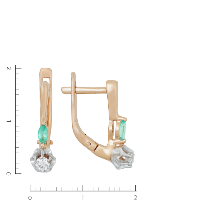Серьги из комбинированного золота 585 пробы c 2 бриллиантами и 2 изумрудами, Л 2912 5693 за 35120