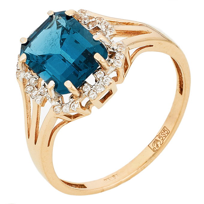 Кольцо золото, 585, 1 к.,2,81 гр. (чистый вес 2,106 гр.) со следами износа,  россыпь камн.синт; Юв. кам. Голубой, Синт. камень Бесцветный