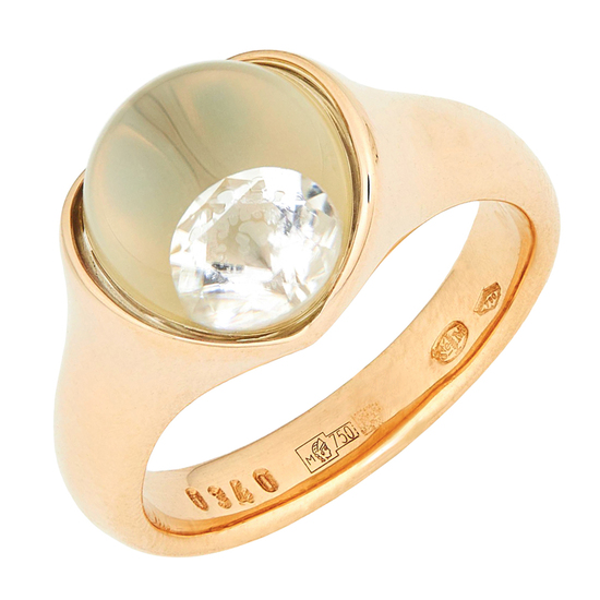Кольцо из желтого золота 750 пробы c 1 кварцем и 1 бриллиантом
