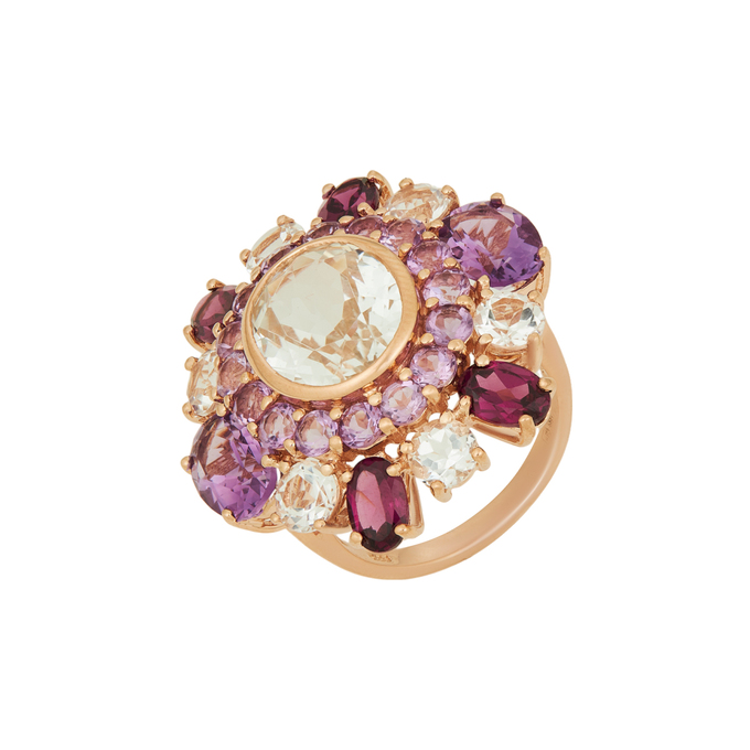 Кольцо из золота 585 пробы c топазами, аметистами и родолитами
