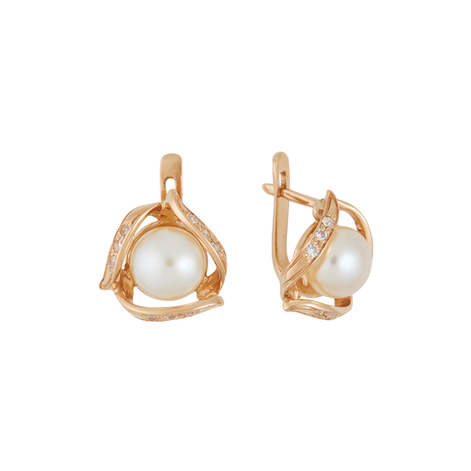 Серьги из золота 585 пробы c 2 культ. жемчугами и 18 фианитами, Л 4710 0773 за 57440