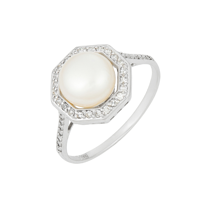 Кольцо из золота 585 пробы c бриллиантами и культивированным жемчугом