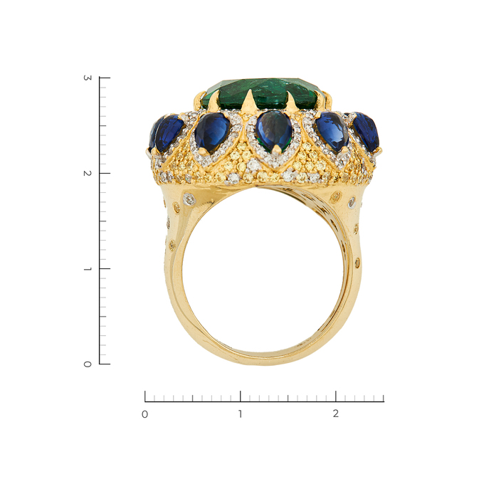 Кольцо из желтого золота 585 пробы c 218 бриллиантами и 10 синт. сапфирами и 1 синт. изумрудом и 102 камнями синтетическими, Л 2414 1072 за 172000