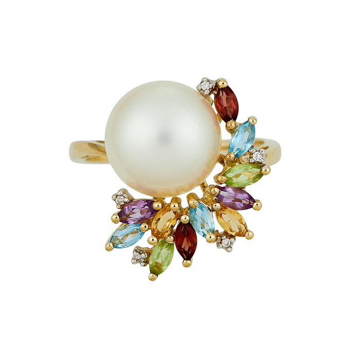 Кольцо из золота 585 пробы c гранатами, топазами, хризолитами, цитринами, аметистами, бриллиантами и культивированным жемчугом, Л 3309 6561 за 57520