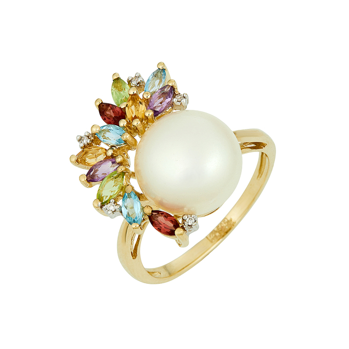 Кольцо из золота 585 пробы c гранатами, топазами, хризолитами, цитринами, аметистами, бриллиантами и культивированным жемчугом