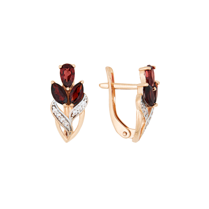 Серьги из золота 585 пробы c 6 гранатами и 14 фианитами