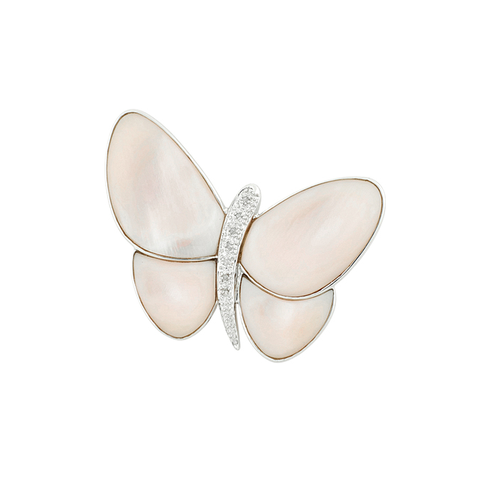 Брошь из золота 585 пробы c бриллиантами и перламутром