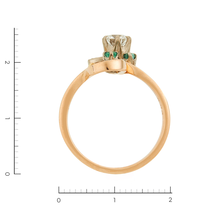 Кольцо из комбинированного золота 583 пробы c 2 бриллиантами и 2 изумрудами, Л 2808 6675 за 257500