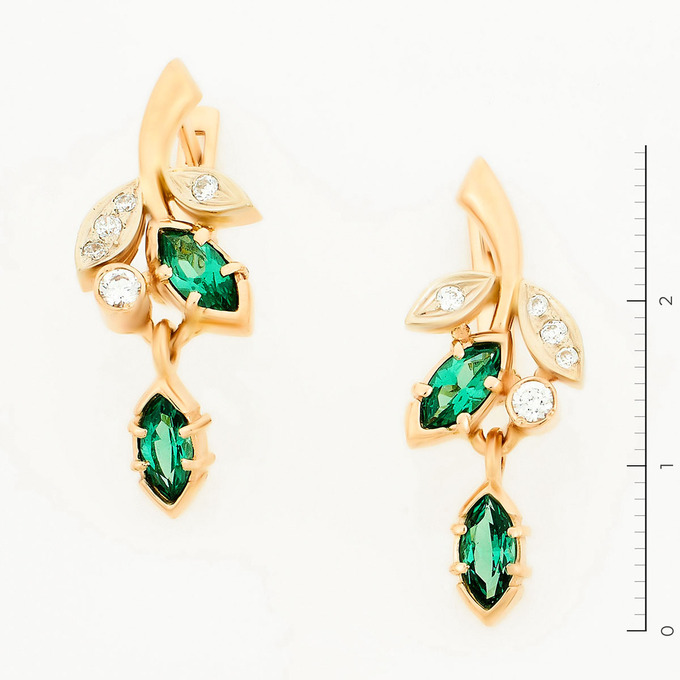 Серьги золото, 585, 2 к.,5,35 гр. (чистый вес 5,02 гр.) со следами износа,  куплено в ЗУ; 10 Фианит Бесцветный, 4 Синт. камень Зеленый