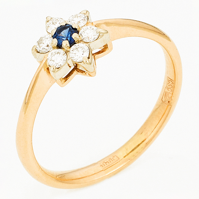 Кольцо из комбинированного золота 585 пробы c 6 бриллиантами и 1 сапфиром