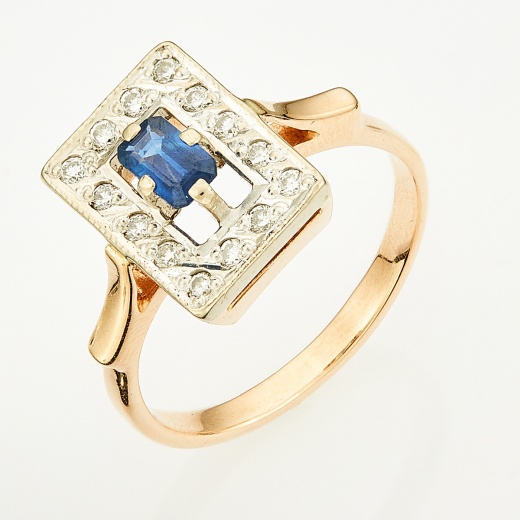 Кольцо из комбинированного золота 585 пробы c 14 бриллиантами и 1 сапфиром 128257 фото 1