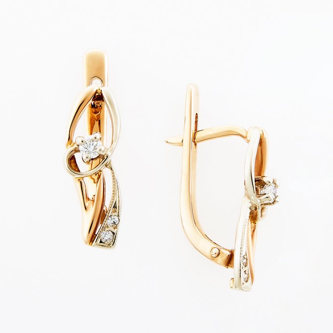 Серьги из комбинированного золота 585 пробы c 6 бриллиантами