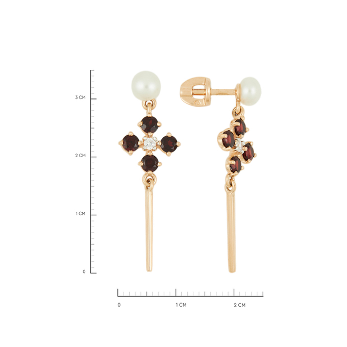 Серьги из золота 585 пробы c гранатами, фианитами и культивированным жемчугом, Ц О007 0976 за 31760