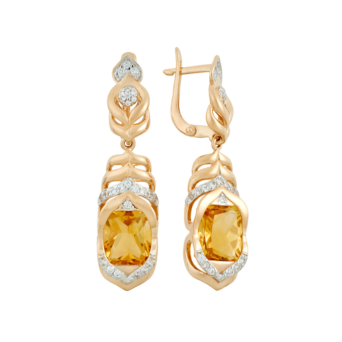 Серьги из золота 585 пробы c цитринами и фианитами